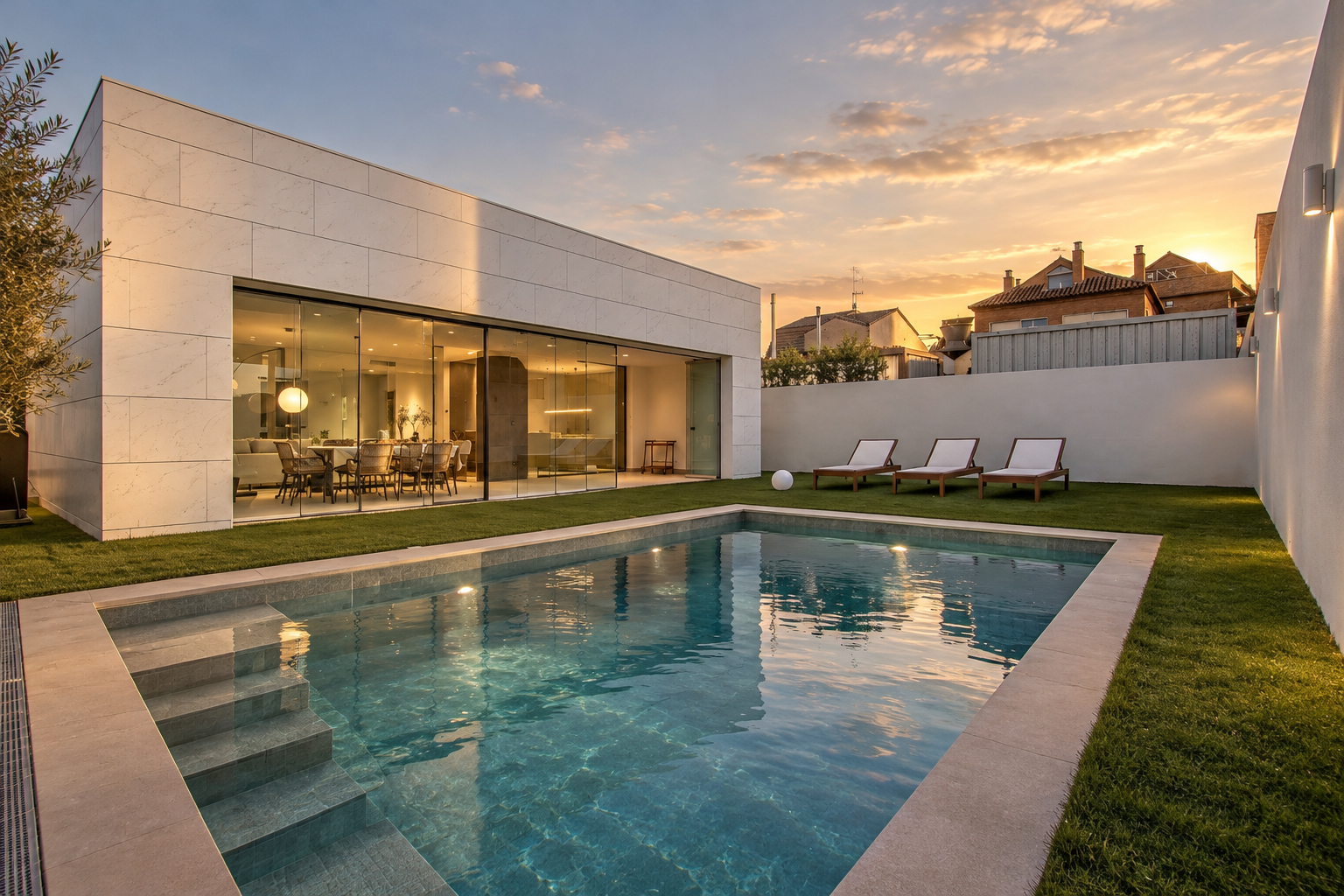 Casa ANTIPODA, vivienda con fachada acristalada al jardín y piscina al atardecer