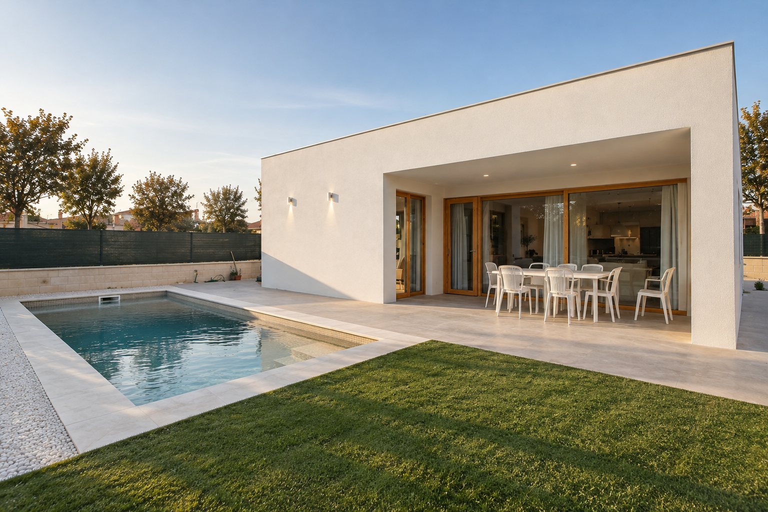 Casa INITIUM, vivienda construida con porche blanco abierto a la piscina