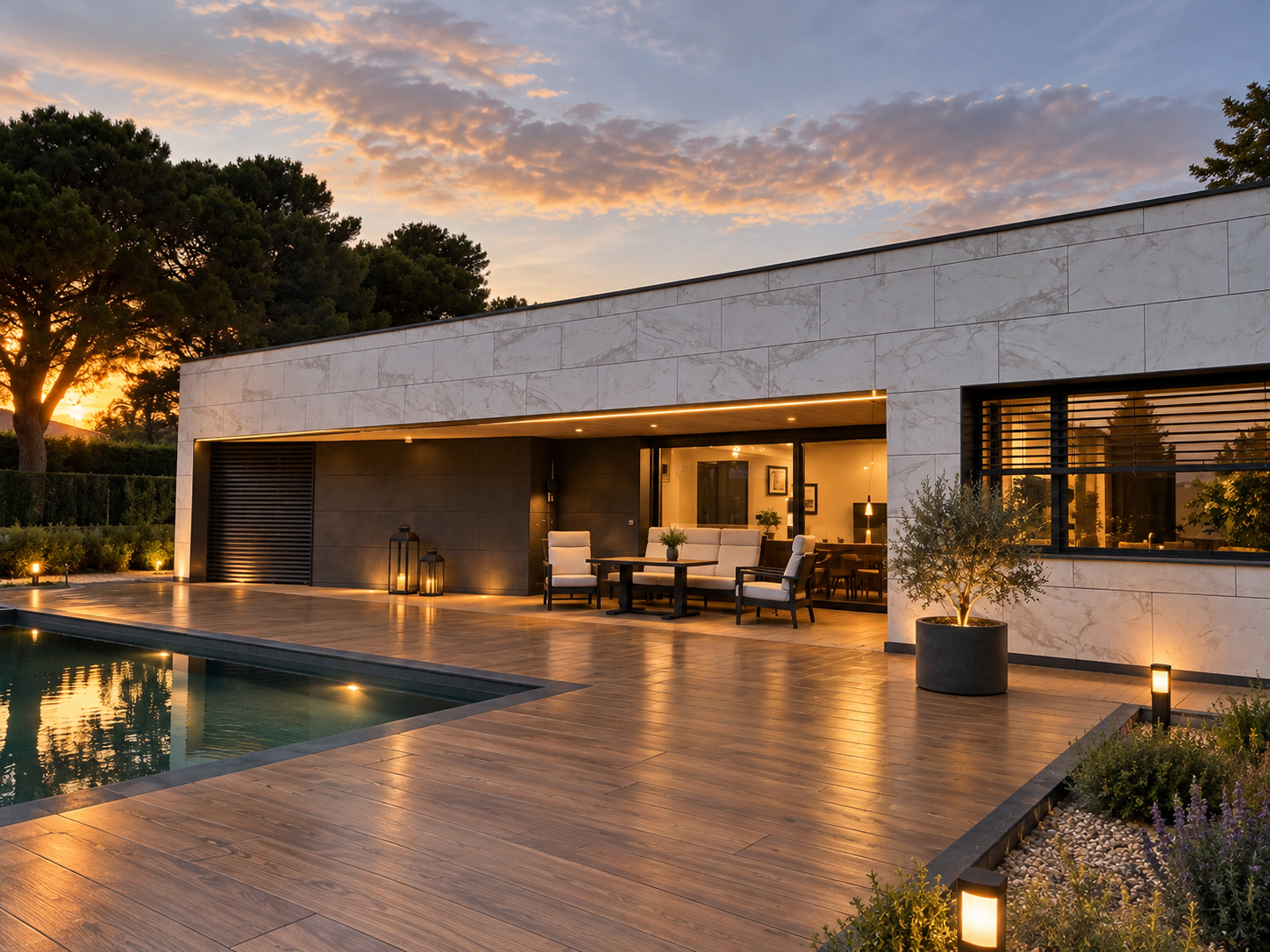 Casa SILEO, vivienda construida con porche iluminado y piscina al atardecer